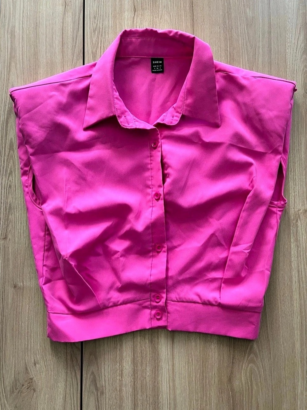 SHEIN Hot Pink Shoulder Pad Sleeveless Crop Button Up Shirt Size S